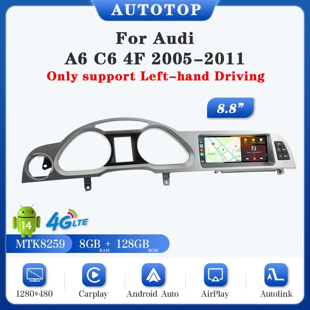 AUTOTOP 8G+128G Android 13 Car Multimedia Player For Audi A6 C6 4F 2005-2012 MMI 2G 3G Carplay Android Auto GPS Navi 4G Wifi BT
