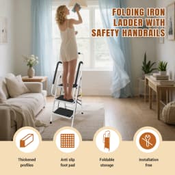 3 Step Ladder with Folding Safety Ramp - Non Slip Heavy Duty 150kg Load Capacity - Adult Steel Step Stool for Home Kitchen