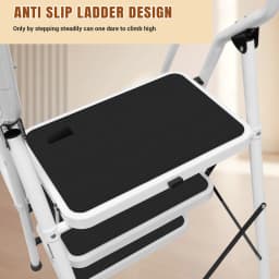 3 Step Ladder with Folding Safety Ramp - Non Slip Heavy Duty 150kg Load Capacity - Adult Steel Step Stool for Home Kitchen