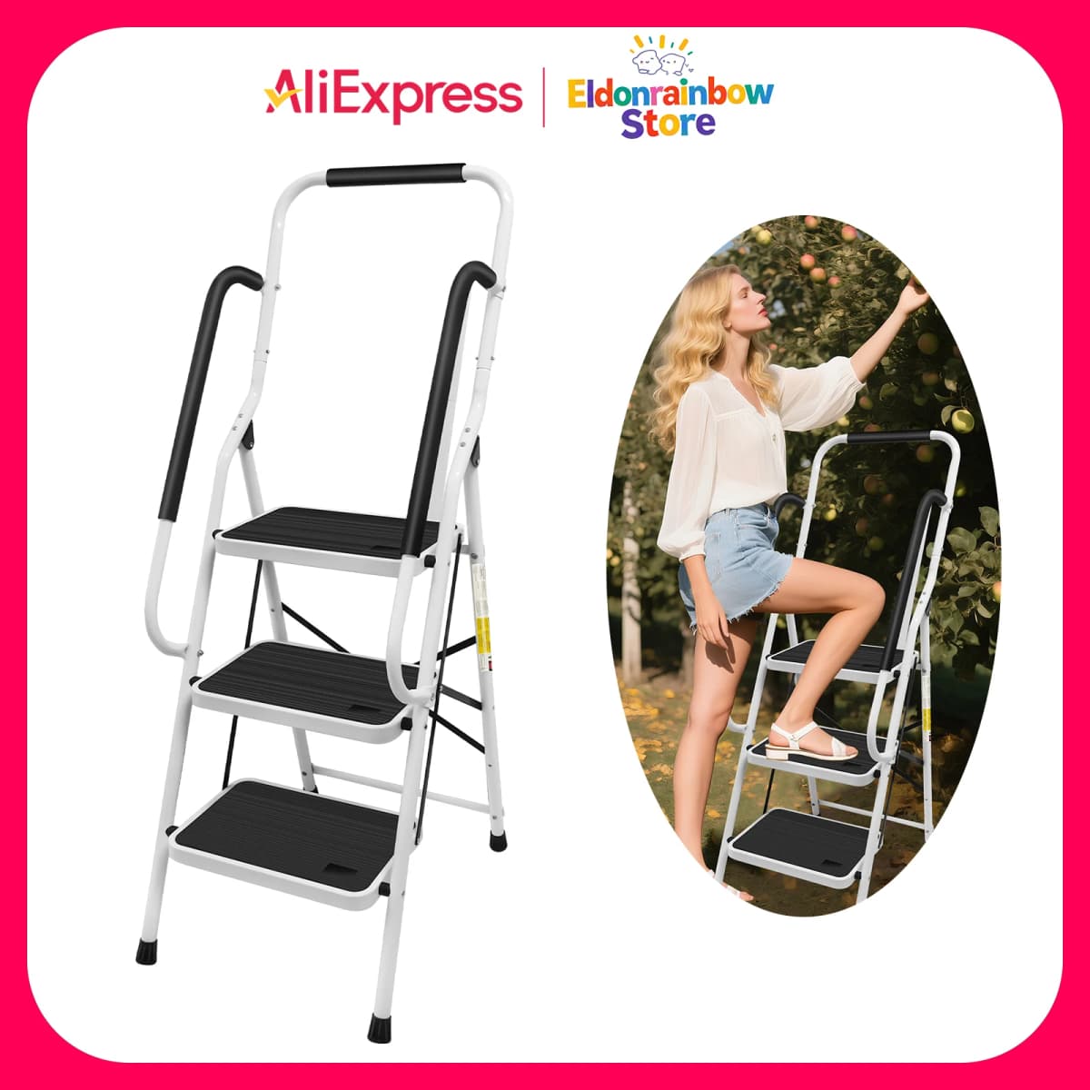 3 Step Ladder with Folding Safety Ramp - Non Slip Heavy Duty 150kg Load Capacity - Adult Steel Step Stool for Home Kitchen