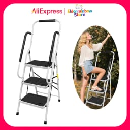 3 Step Ladder with Folding Safety Ramp - Non Slip Heavy Duty 150kg Load Capacity - Adult Steel Step Stool for Home Kitchen