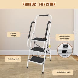 3 Step Ladder with Folding Safety Ramp - Non Slip Heavy Duty 150kg Load Capacity - Adult Steel Step Stool for Home Kitchen