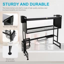 Kitchen Sink Shelf Rack Household Dishes Drain Rack Black Length 85cm Luxury Set 2 Tier Storage Box