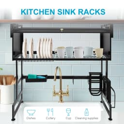Kitchen Sink Shelf Rack Household Dishes Drain Rack Black Length 85cm Luxury Set 2 Tier Storage Box