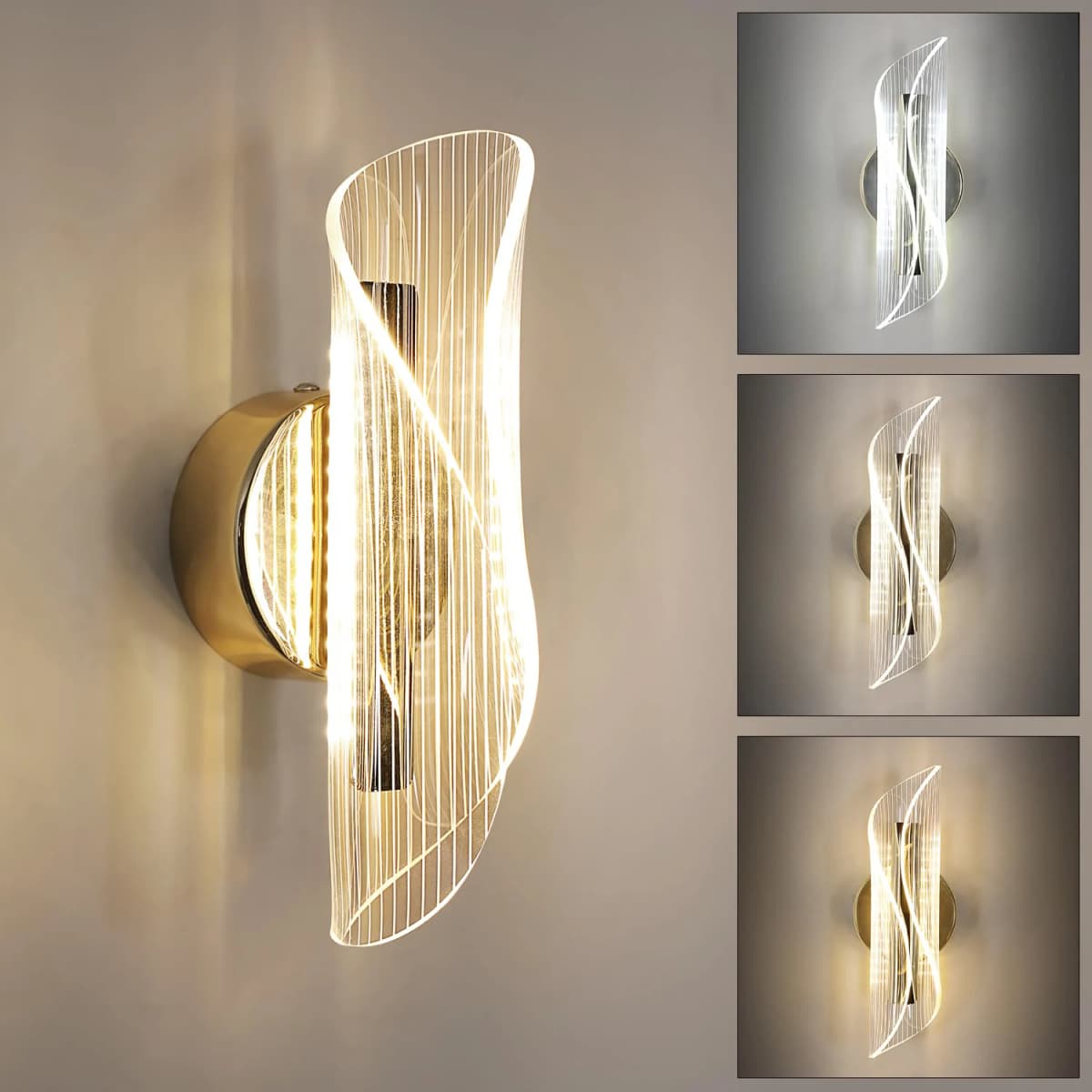 LED Interior Wall Sconce, 12W Dimmable Modern Wall Lamp Gold, Acrylic Interior Wall Light for Bedroom, Hallway, Porch