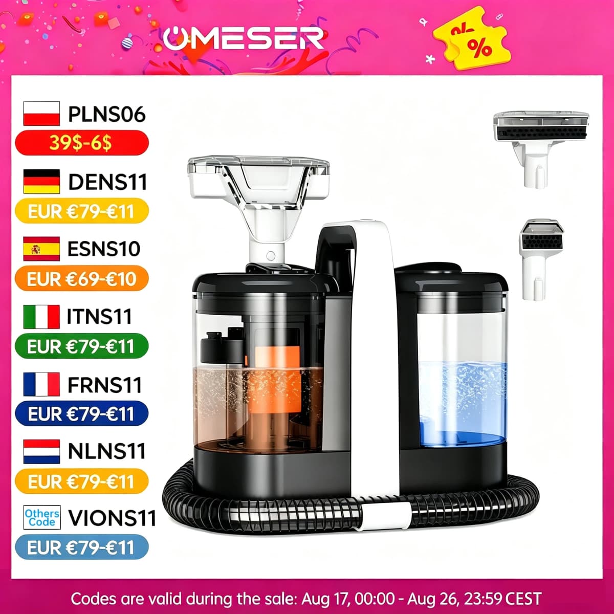 OMESER W07 15KPa Portable Carpet Cleaner Machine 600W Upholstery Cleaner Pet Special Stain Cleaner Powerful for Sofa Car Seat