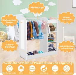 Children's Wardrobe with Mirror, Prince Princess Clothes Rack with Hanger and 4 Shelves, 93.5 x 38 x 100 cm (White)