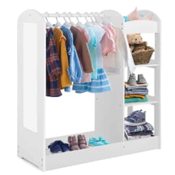 Children's Wardrobe with Mirror, Prince Princess Clothes Rack with Hanger and 4 Shelves, 93.5 x 38 x 100 cm (White)