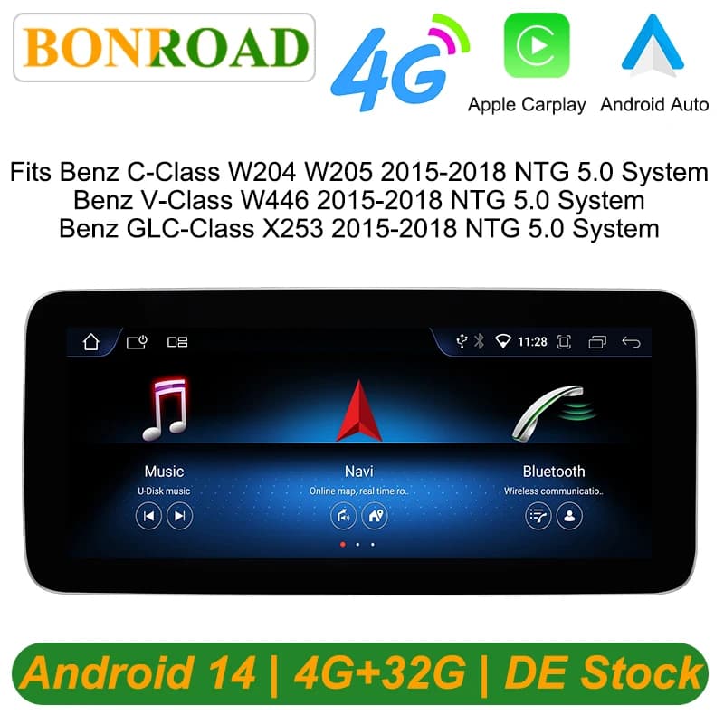 Bonroad Android Multimedia Screen Wireless CarPlay Android Auto For Mercedes-Benz C Class W205 GLC V Class W447 2015-2018 NTG5.0