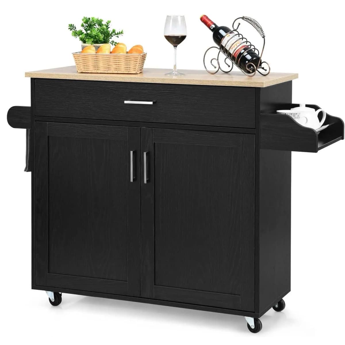 Kitchen trolley with towel holder and spice board, kitchen island with drawer and height-adjustable shelf,(black)