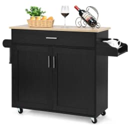 Kitchen trolley with towel holder and spice board, kitchen island with drawer and height-adjustable shelf,(black)
