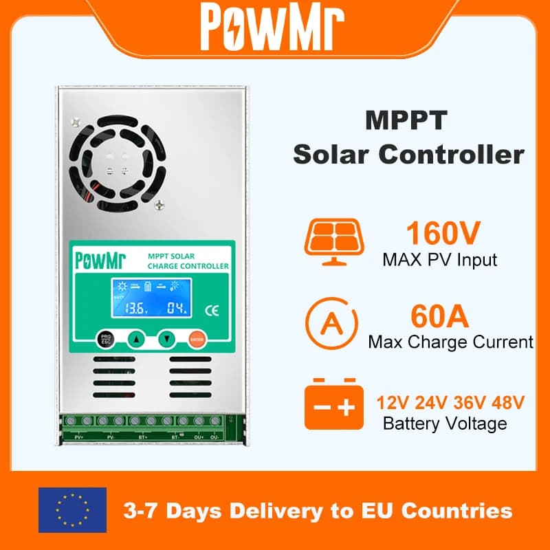PowMr MPPT 60A Solar Charge Controller Solar Panel Regulator 12V 24V 36V 48V Auto Max PV 160VDC For Lead Acid Lithium Battery