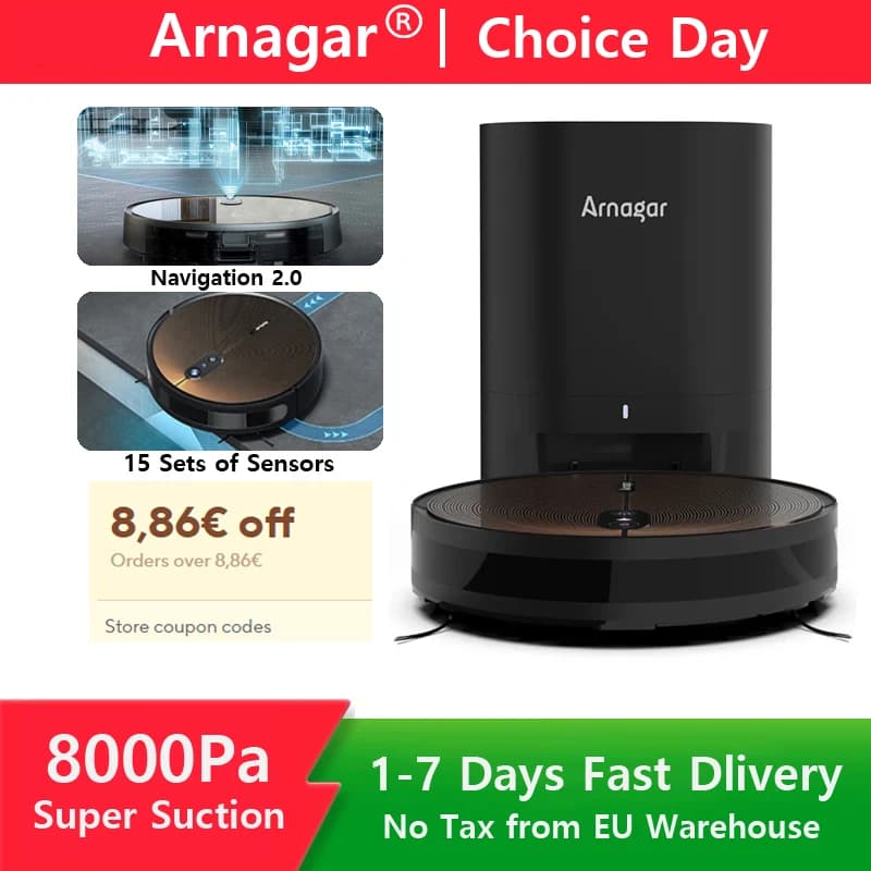 NEW Arnagar S9 Robot Vacuum Cleaner Auto Empty Dust Collection Sweep Mop 8000Pa 2550mAh Low Noise APP Control