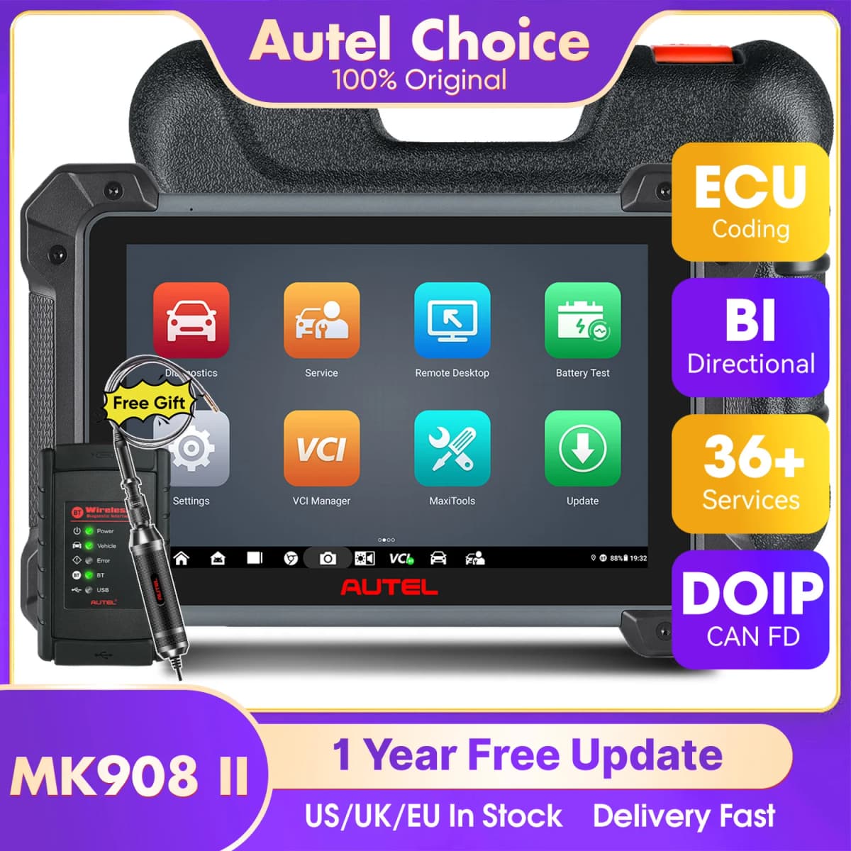 Autel MaxiCOM MK908 II MK908II Automotive OBD2 Scanner Car Diagnostic Tools, ECU Coding, Bi-directional Control PK MK906 MK908