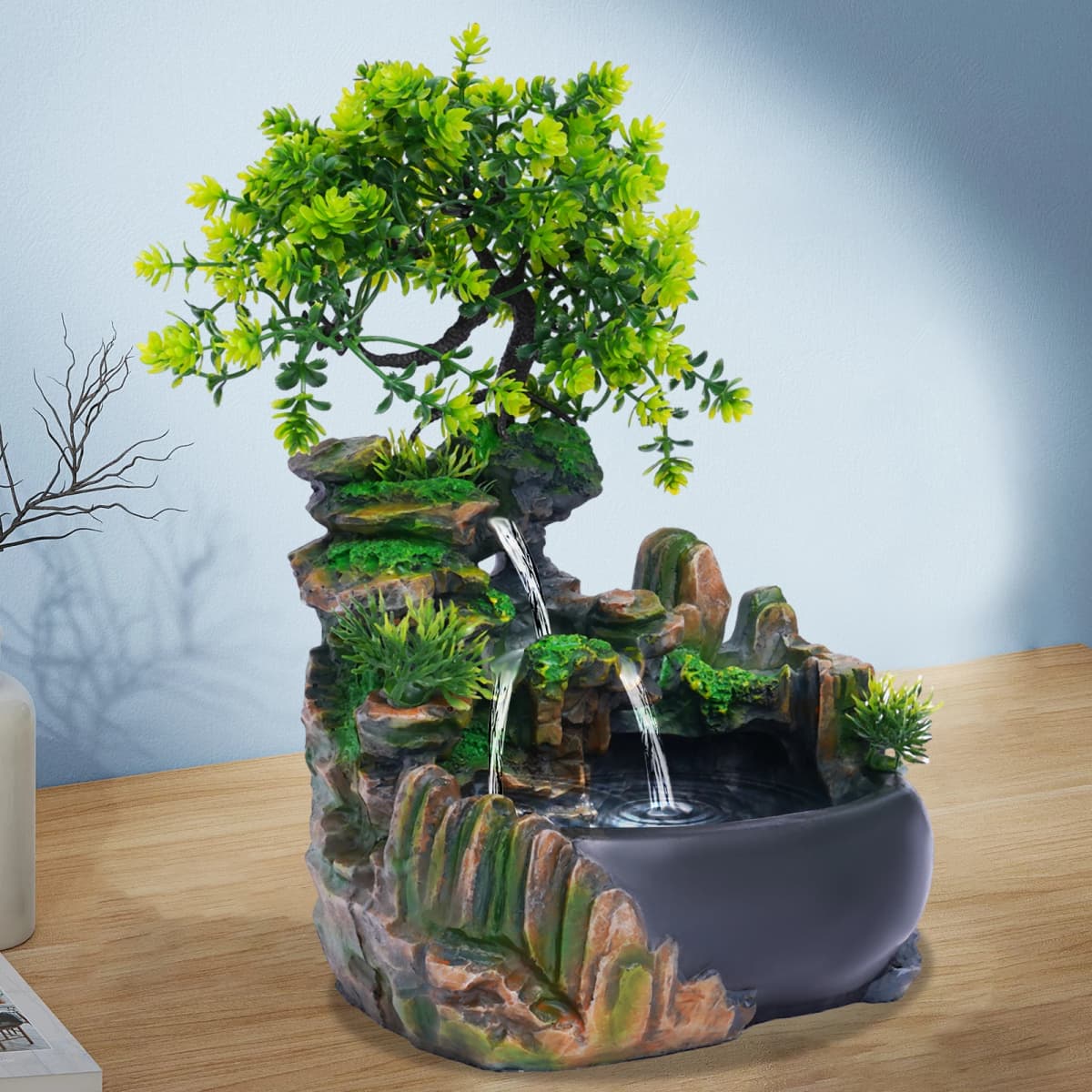 Indoor Fountain Waterfall, Table Fountain, Green Plant Fountain, Waterfall Humidifier for Placing Living Room