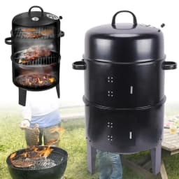 Black Charcoal BBQ Meat Grill Smoker Box Smoked Barbeque Oven Cooking Food Steel Round Double Layer Smoker Barrel Charcoal Oven
