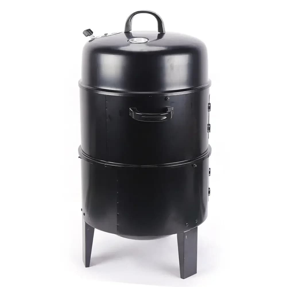 Black Charcoal BBQ Meat Grill Smoker Box Smoked Barbeque Oven Cooking Food Steel Round Double Layer Smoker Barrel Charcoal Oven
