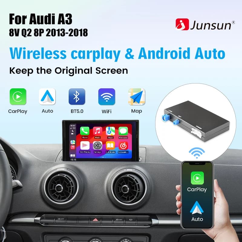 Junsun Wireless CarPlay Android Auto Interface Adapter Box For Audi A3 8v Q2 8P 2013-2018 with AirPlay Mirror Link Bluetooth