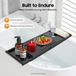 Black Bamboo Expandable Bathtub Tray Adjustable 29.52-43.7in with Wine Glass Slot Phone Tablet Holder 2 Towel Rack for Most Tubs