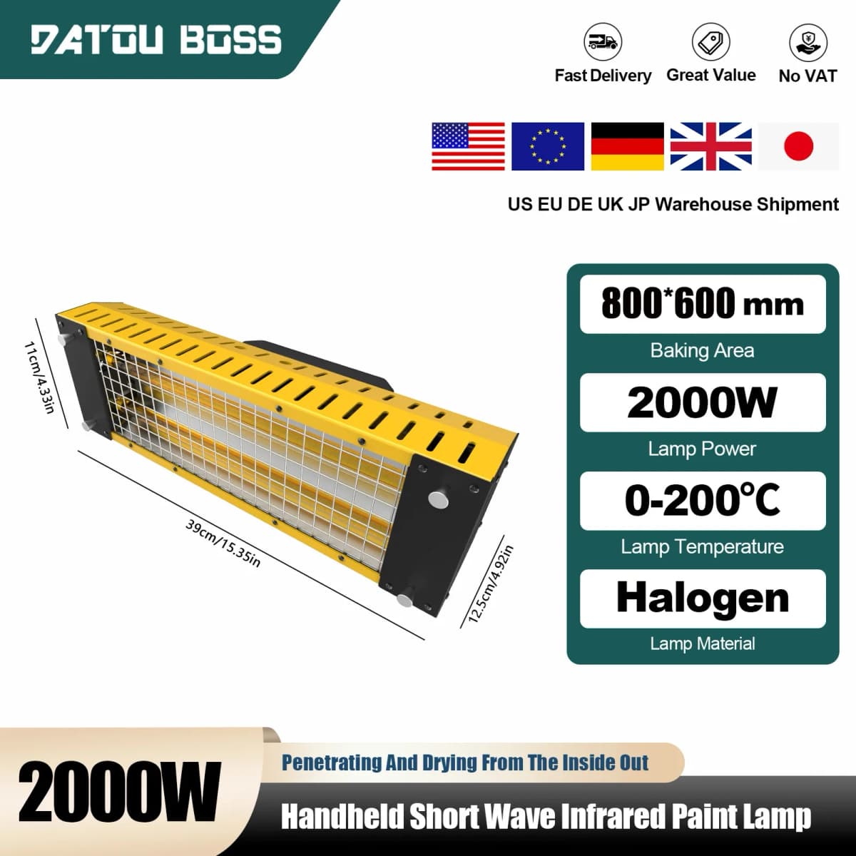 DATOUBOSS Portable 2000W Infrared Curing Lamp Paint Baking Lamp Short Wave Infrared Drying Lamp AutoBody Repair Tool Paint Dryer