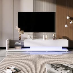 TV Cabinet White 170cm Long High-Gloss Finish Led Lighting Wall-Mountable Low Board Television Furniture