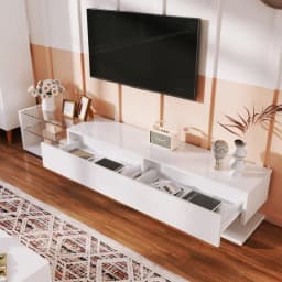 TV Cabinet White 170cm Long High-Gloss Finish Led Lighting Wall-Mountable Low Board Television Furniture