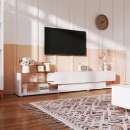 TV Cabinet White 170cm Long High-Gloss Finish Led Lighting Wall-Mountable Low Board Television Furniture