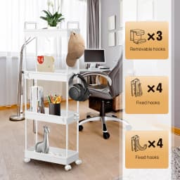 4 Tier Trolley on Wheels,Narrow Storage Unit with Hook, for Kitchen Bathroom Laundry Room, Slide Out Bathroom Storage