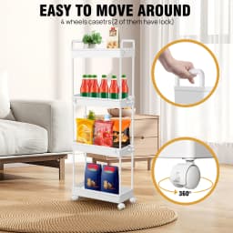 4 Tier Trolley on Wheels,Narrow Storage Unit with Hook, for Kitchen Bathroom Laundry Room, Slide Out Bathroom Storage