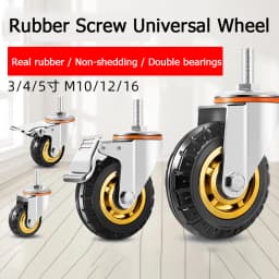 Screw Rubber Swivel Casters 3/4/5 Inches, Brake Casters, Silent Rubber Wheels, M10 M12 M16 Screw, Furniture Trolleys
