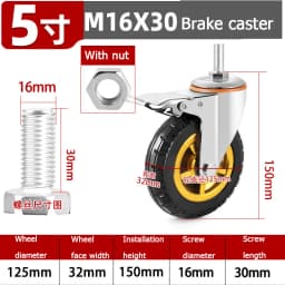 Screw Rubber Swivel Casters 3/4/5 Inches, Brake Casters, Silent Rubber Wheels, M10 M12 M16 Screw, Furniture Trolleys