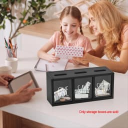 Wooden Give Save Spend Money Saving Box for Kids, Countertop Kid Piggy Bank for Daily Cash, Wall-Mount Kids Bank Black