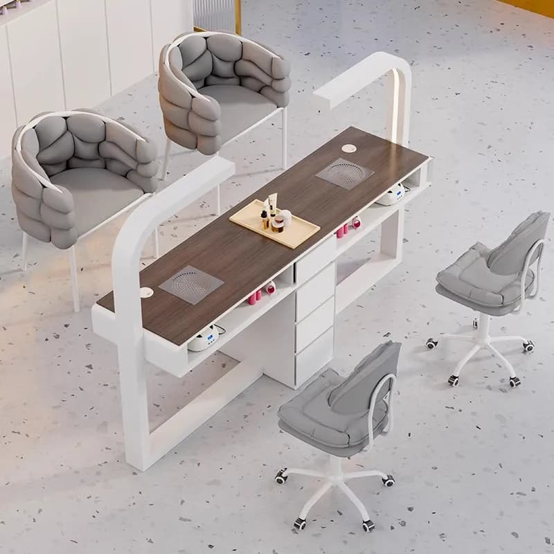 Cream Dust Collector Manicure Table With Lamp French Beauty Design Nail Table Minimalist Aesthetic Table Ongle Salon Furniture