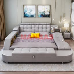 Multifunctional Tech Smart Genuine Leather Bed with Massage Recliner, Bluetooth Speakers, USB, Bookshelves & Storage Drawers