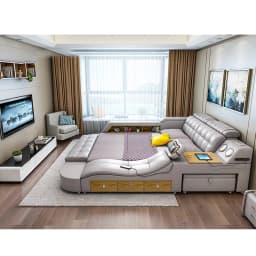 Multifunctional Tech Smart Genuine Leather Bed with Massage Recliner, Bluetooth Speakers, USB, Bookshelves & Storage Drawers