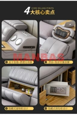 Multifunctional Tech Smart Genuine Leather Bed with Massage Recliner, Bluetooth Speakers, USB, Bookshelves & Storage Drawers