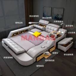 Multifunctional Tech Smart Genuine Leather Bed with Massage Recliner, Bluetooth Speakers, USB, Bookshelves & Storage Drawers