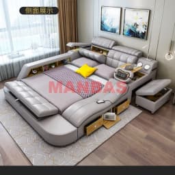 Multifunctional Tech Smart Genuine Leather Bed with Massage Recliner, Bluetooth Speakers, USB, Bookshelves & Storage Drawers
