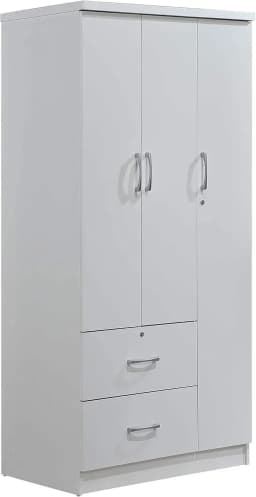 A Wardrobe Closet, Hodedah 3-Door 2-Drawers, 3-Shelves in White Bedroom Armoires, Wardrobe Cabinet with Hanging Rod