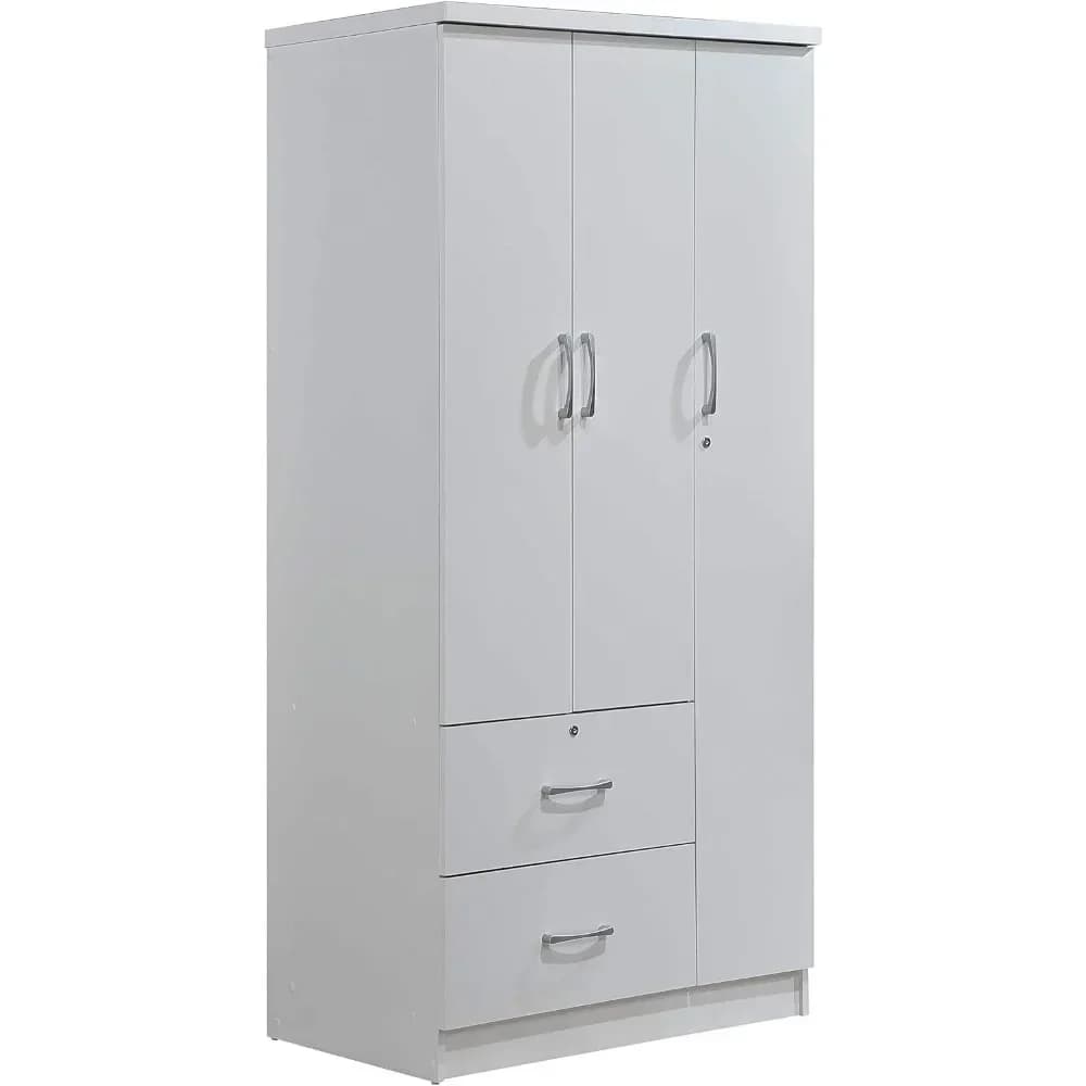 A Wardrobe Closet, Hodedah 3-Door 2-Drawers, 3-Shelves in White Bedroom Armoires, Wardrobe Cabinet with Hanging Rod