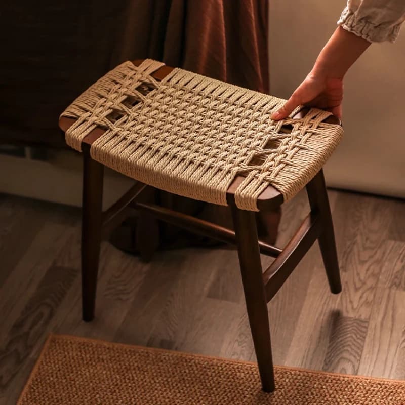 French Solid Wood Shoe Stool Woven Rattan Side Table Compact Dressing Table Ottoman Versatile Bedside Cabinet