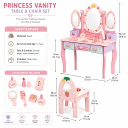 Kids Wooden Vanity Table Set with 3 Mirrors & Chair, Girls Pretend Play Dressing Table with Makeup Accessories