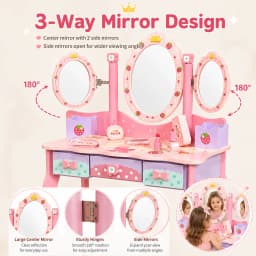 Kids Wooden Vanity Table Set with 3 Mirrors & Chair, Girls Pretend Play Dressing Table with Makeup Accessories