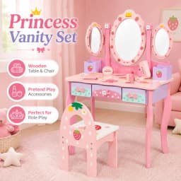 Kids Wooden Vanity Table Set with 3 Mirrors & Chair, Girls Pretend Play Dressing Table with Makeup Accessories