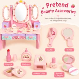 Kids Wooden Vanity Table Set with 3 Mirrors & Chair, Girls Pretend Play Dressing Table with Makeup Accessories