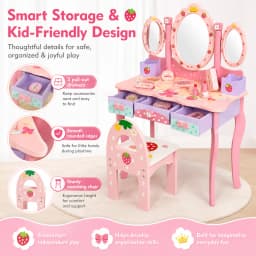 Kids Wooden Vanity Table Set with 3 Mirrors & Chair, Girls Pretend Play Dressing Table with Makeup Accessories