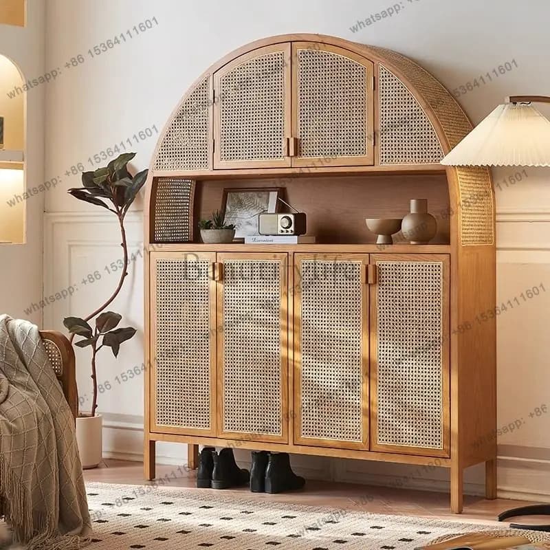 Nordic solid wood shoe cabinet entry simple rattan entrance locker
