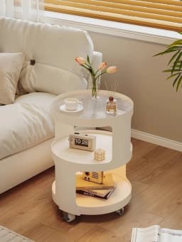 Home Furniture Creative Small Round Glass Sofa Side Table Movable Side Cabinet Simple Iron Tea Table Trolley Roller Storage Rack