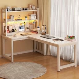 L Shaped Computer Desk with Desktop Storage Shelf Corner Office Desk Table for Home Study Workstation Solid Wood With Bookshelf