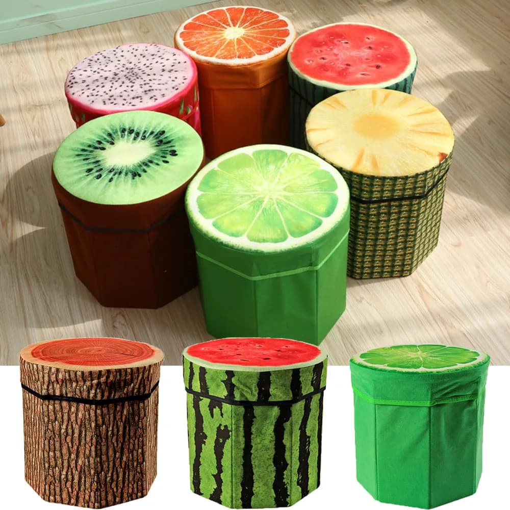 Fruit storage stool, cute folding stool organizer box, foldable storage seat, creative stump storage stool